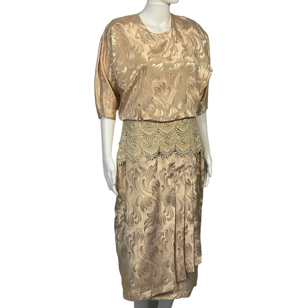 Desiree Vintage 80/90’s Gold Damask Ivory Lace Accent 3/4 Sleeve Dress Sz 9/10